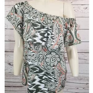 CHICO'S off shoulder top Summer short sleeve Paisley Gray pink size 1  = Small